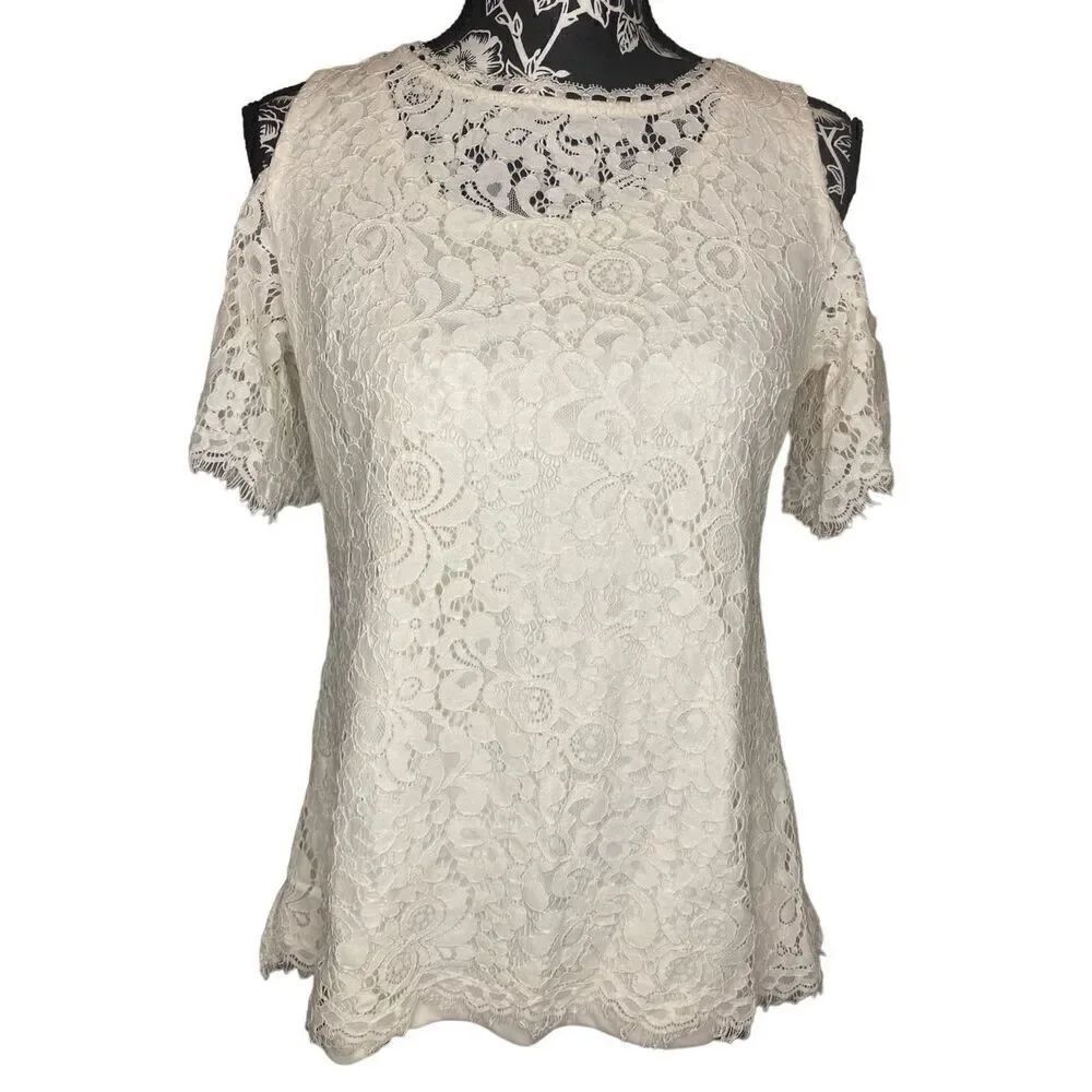 Isaac Mizrahi Live Lace Cold Shoulder Shirt Floral Sexy Beach Coastal